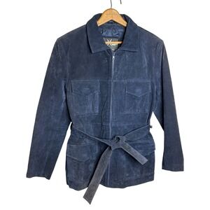 Vintage Women's M Maxima Wilsons Navy Blue Suede Jacket Belted Flap Pockets